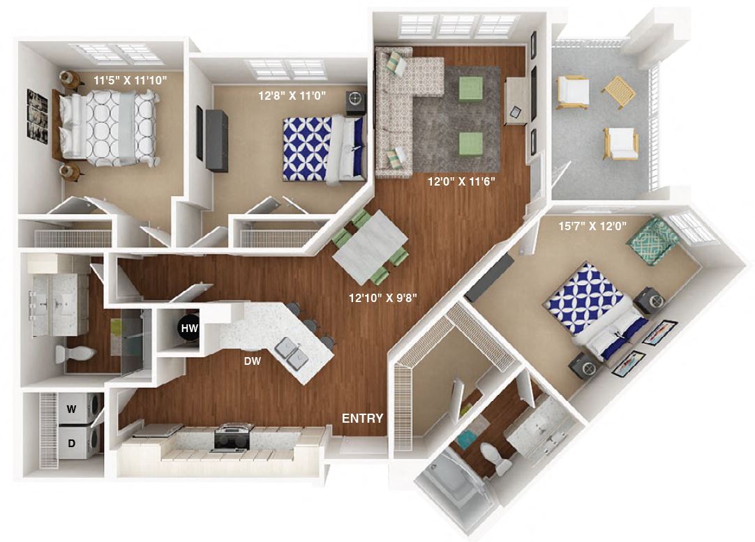 Floor plan for 3 beds, 2 baths, 1348 sqft
